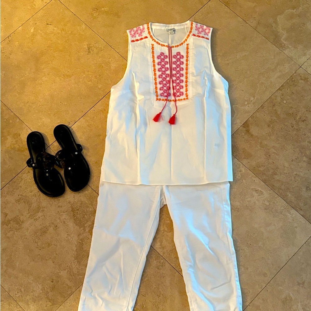 Never worn JCrew embroidered tank top with tassels